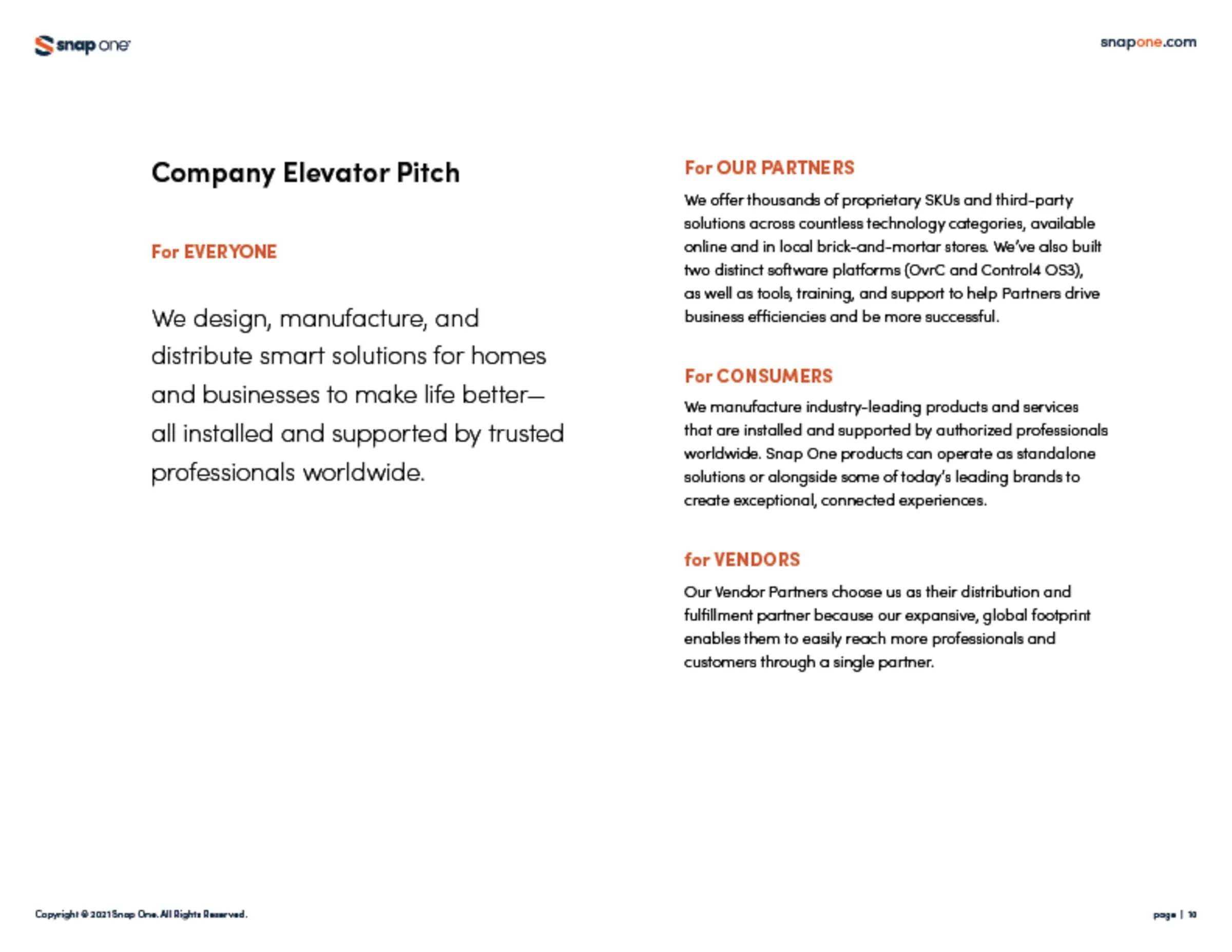 Brand book page with the company elevator pitch for partners, customers, and vendors