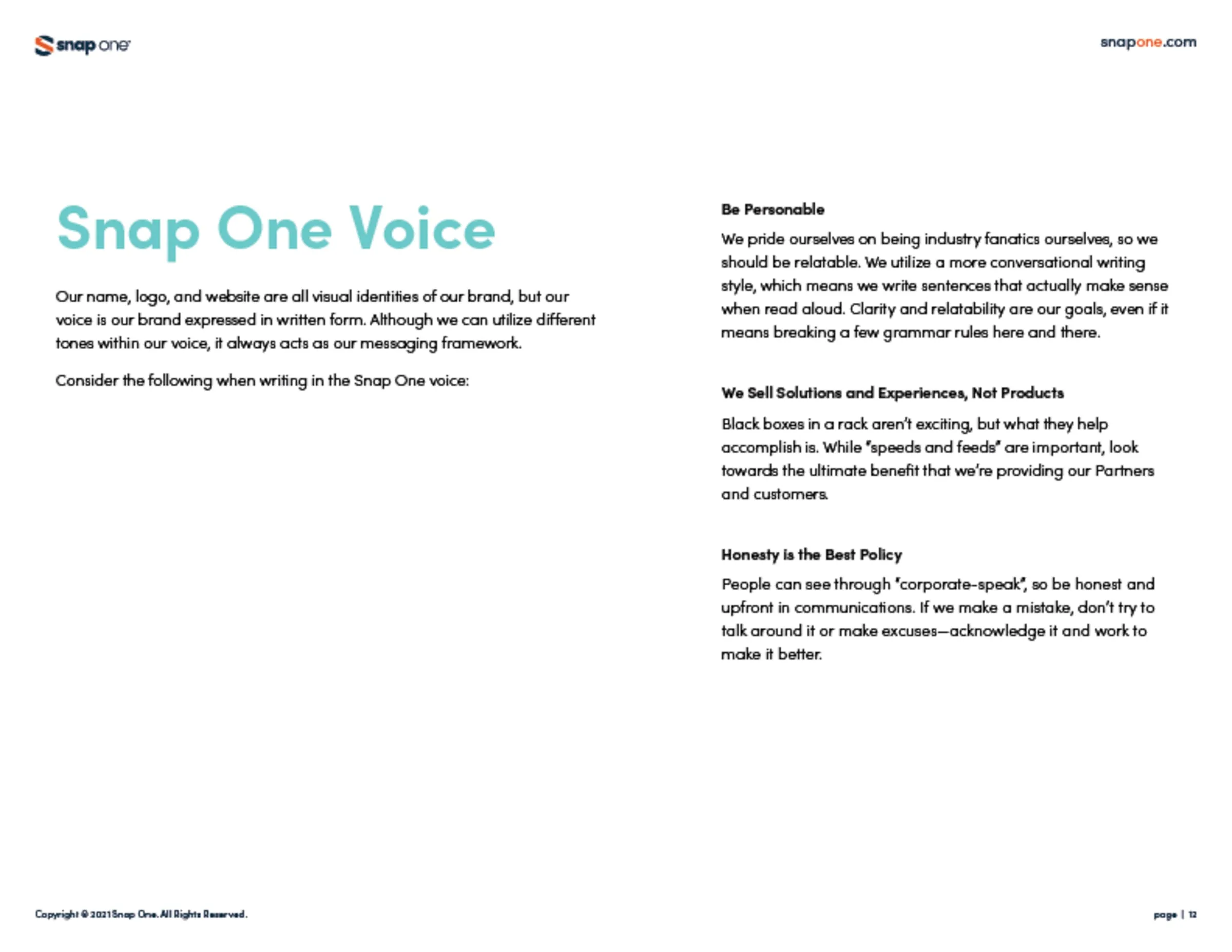 Brand book page describing the Snap One voice