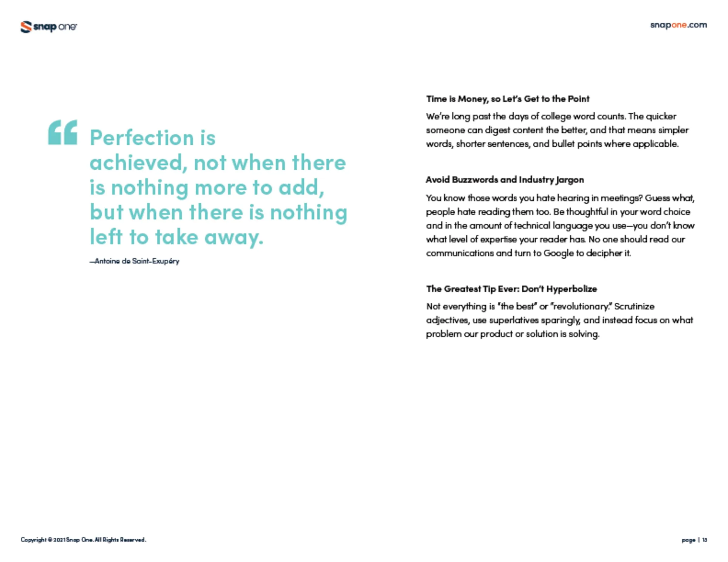 Brand book page with a pull quote on perfection and plain writing