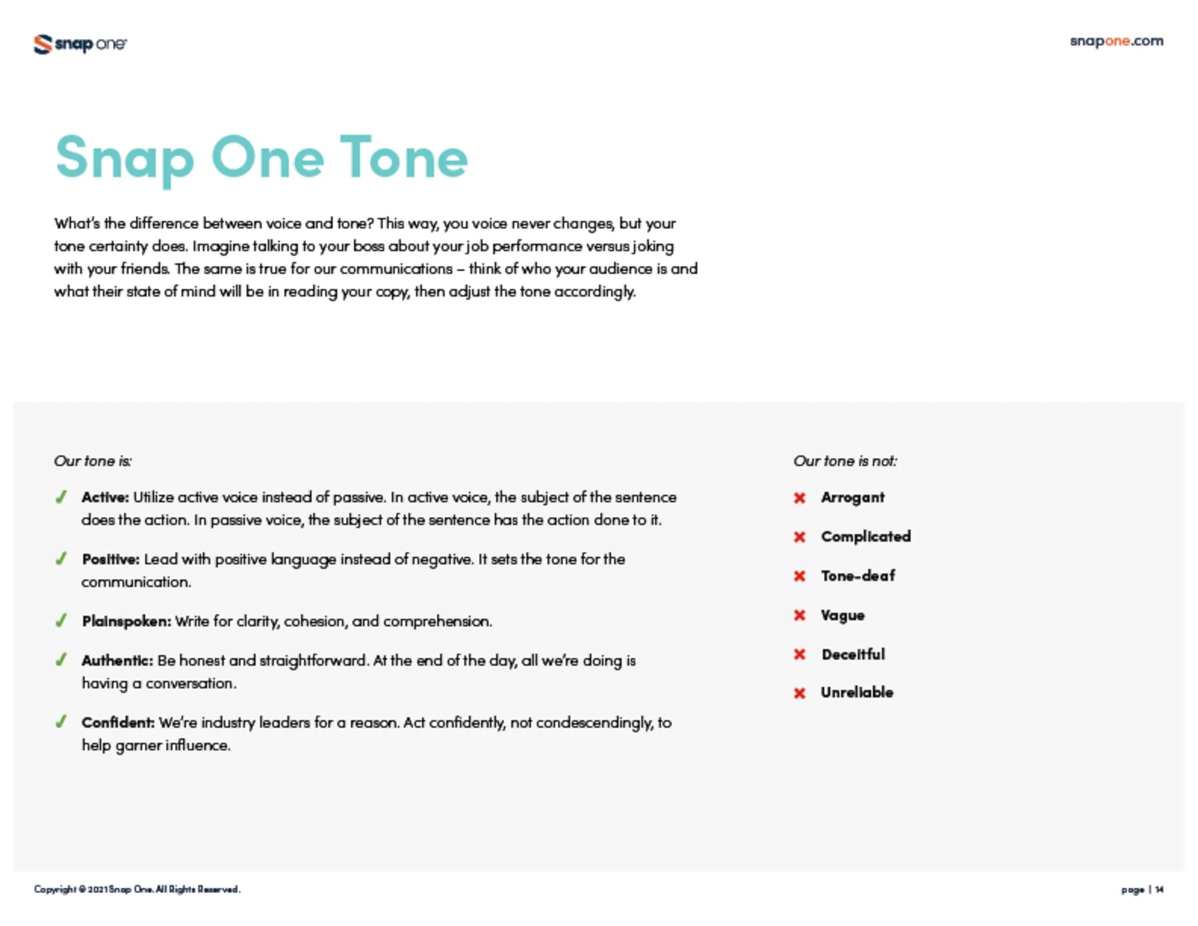Brand book page on Snap One tone, with words to use and words to avoid