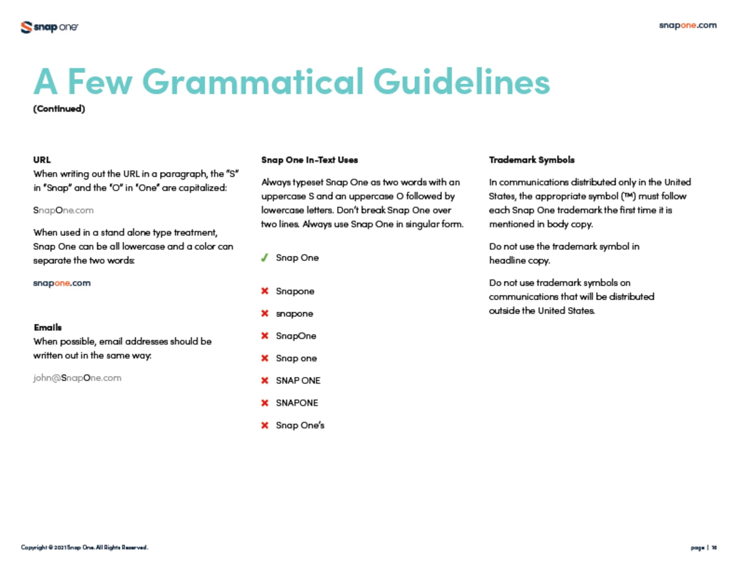 Brand book page: grammatical guidelines, continued