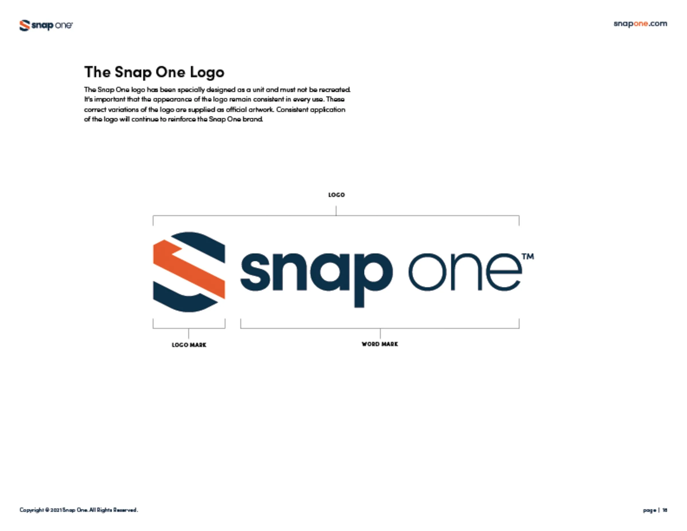 Brand book page presenting the Snap One logo
