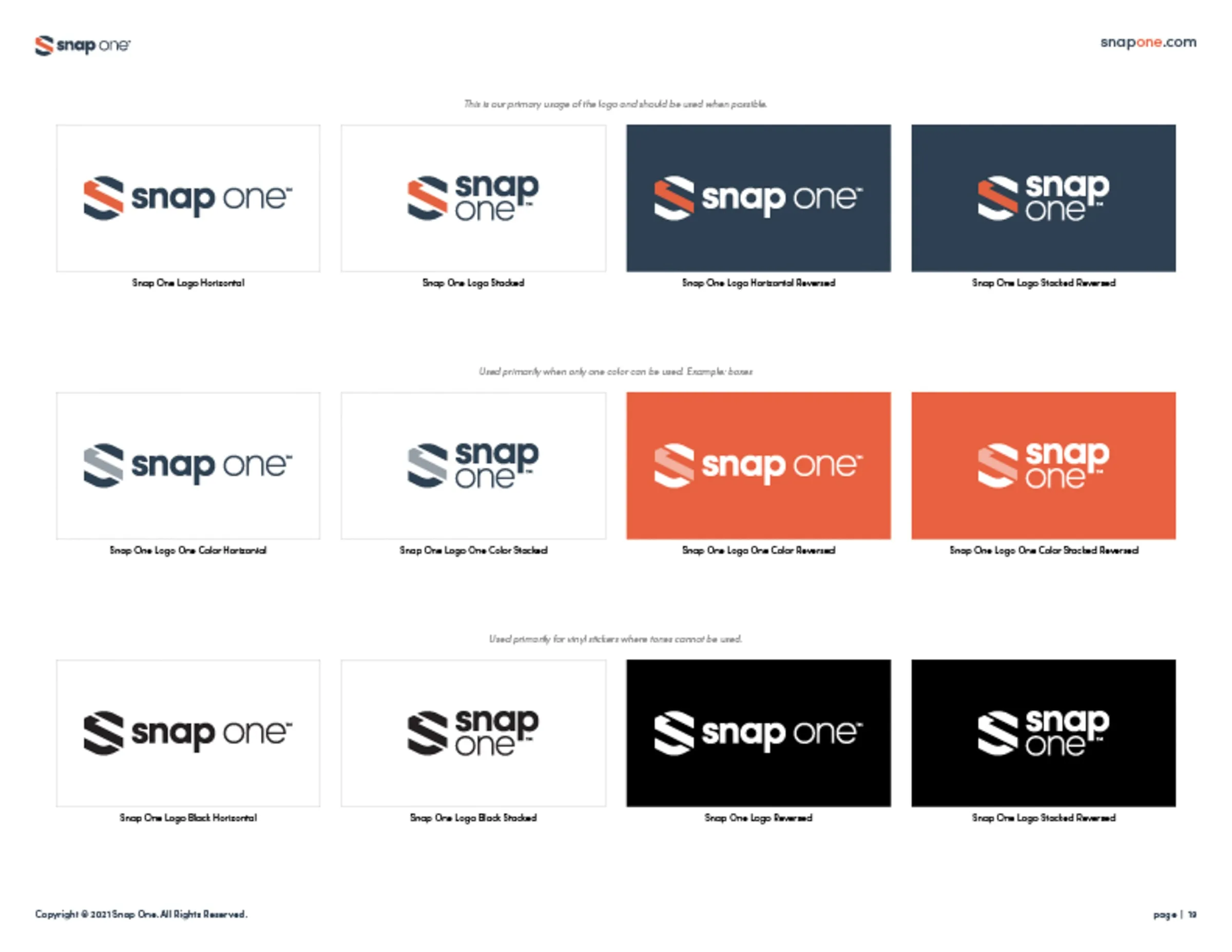 Brand book page showing approved logo color versions on light, dark, and orange backgrounds