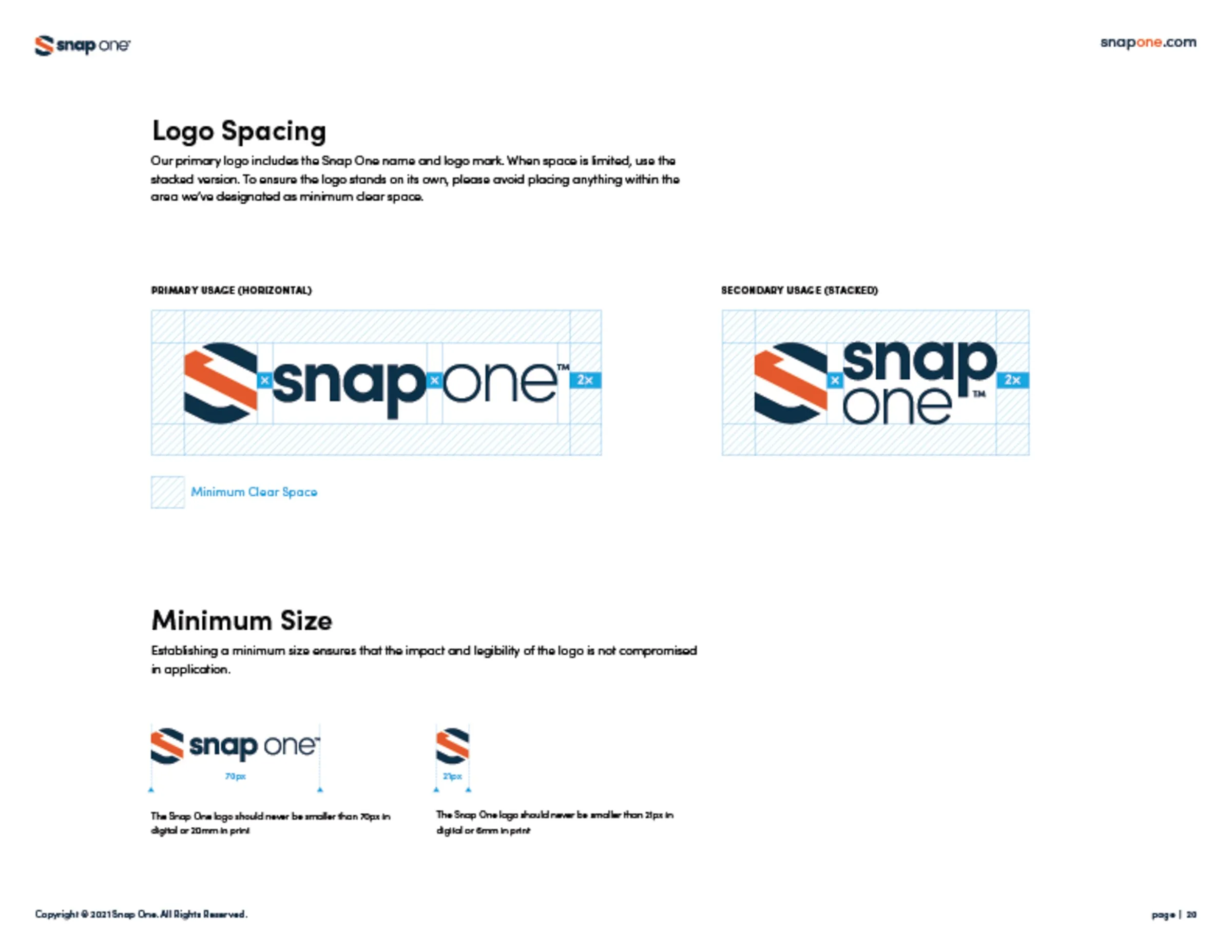 Brand book page on logo clear space and minimum size