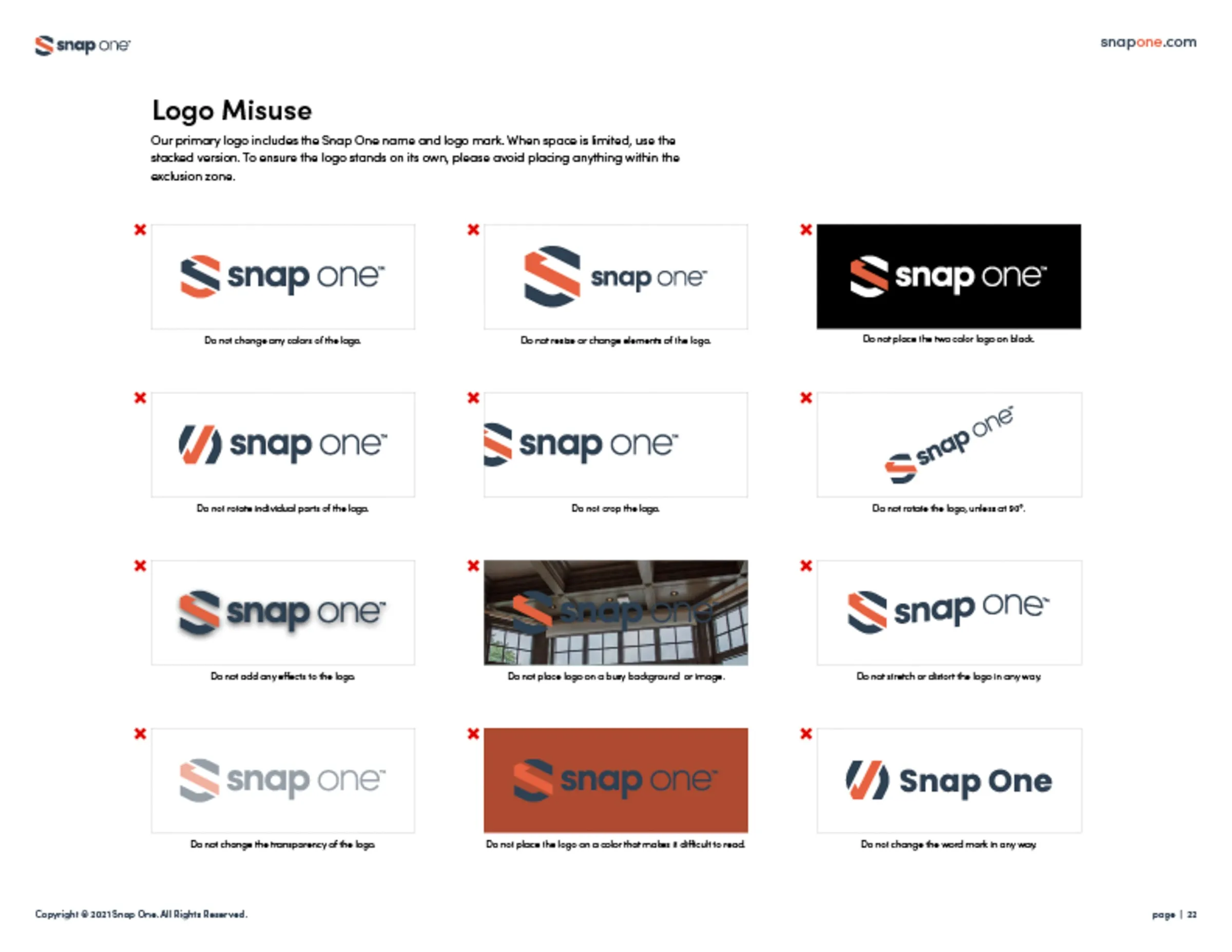 Brand book page showing logo misuse examples to avoid