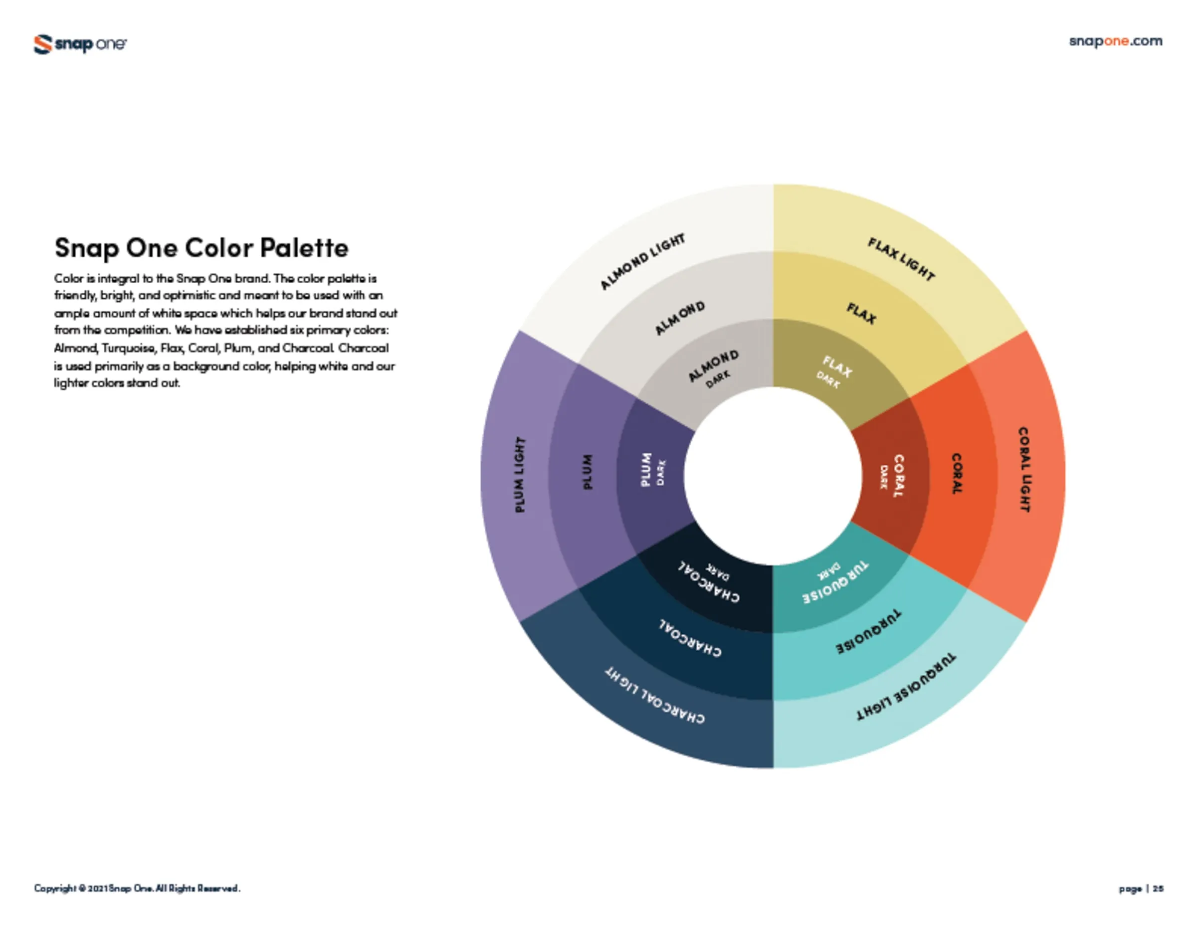Brand book page with the Snap One color wheel