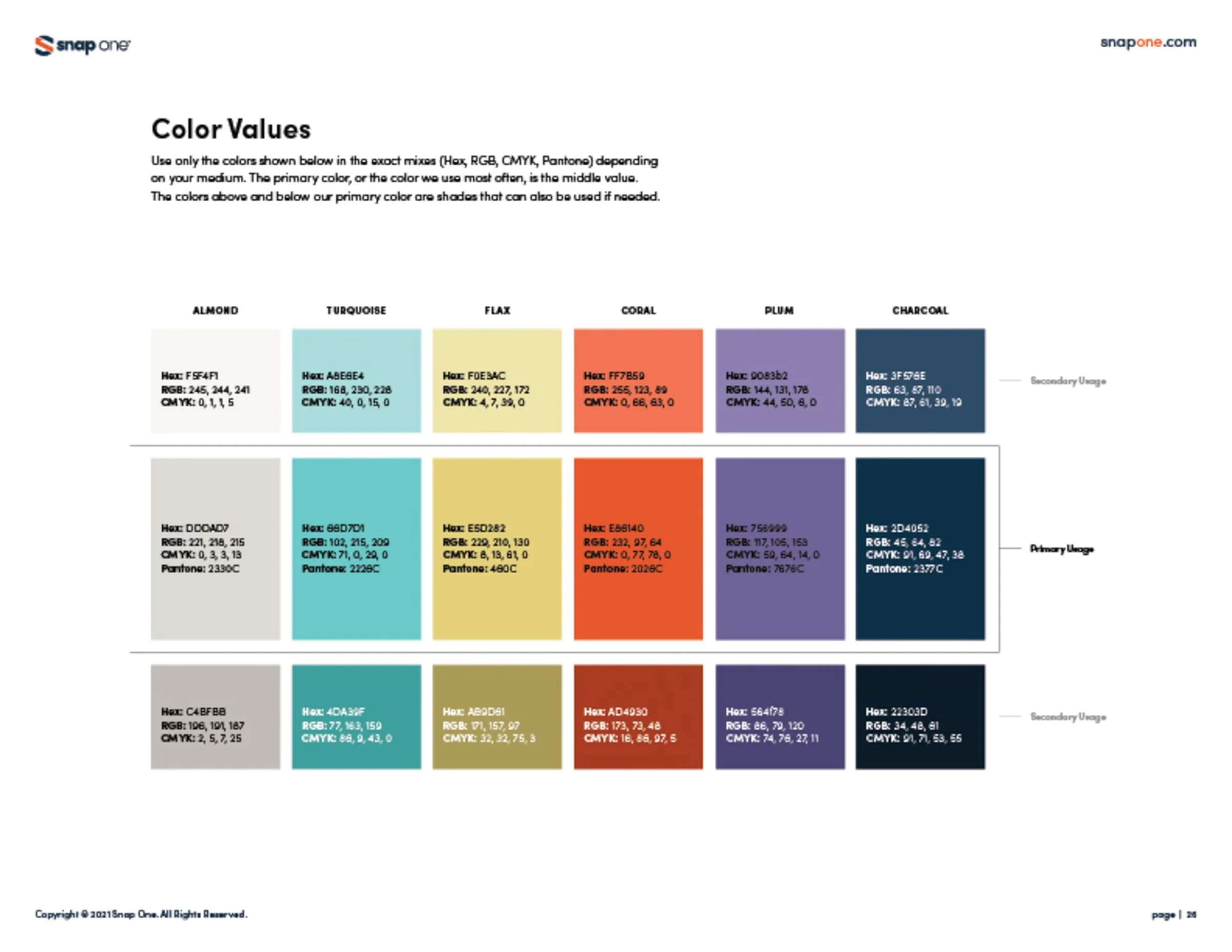 Brand book page listing color values for the palette