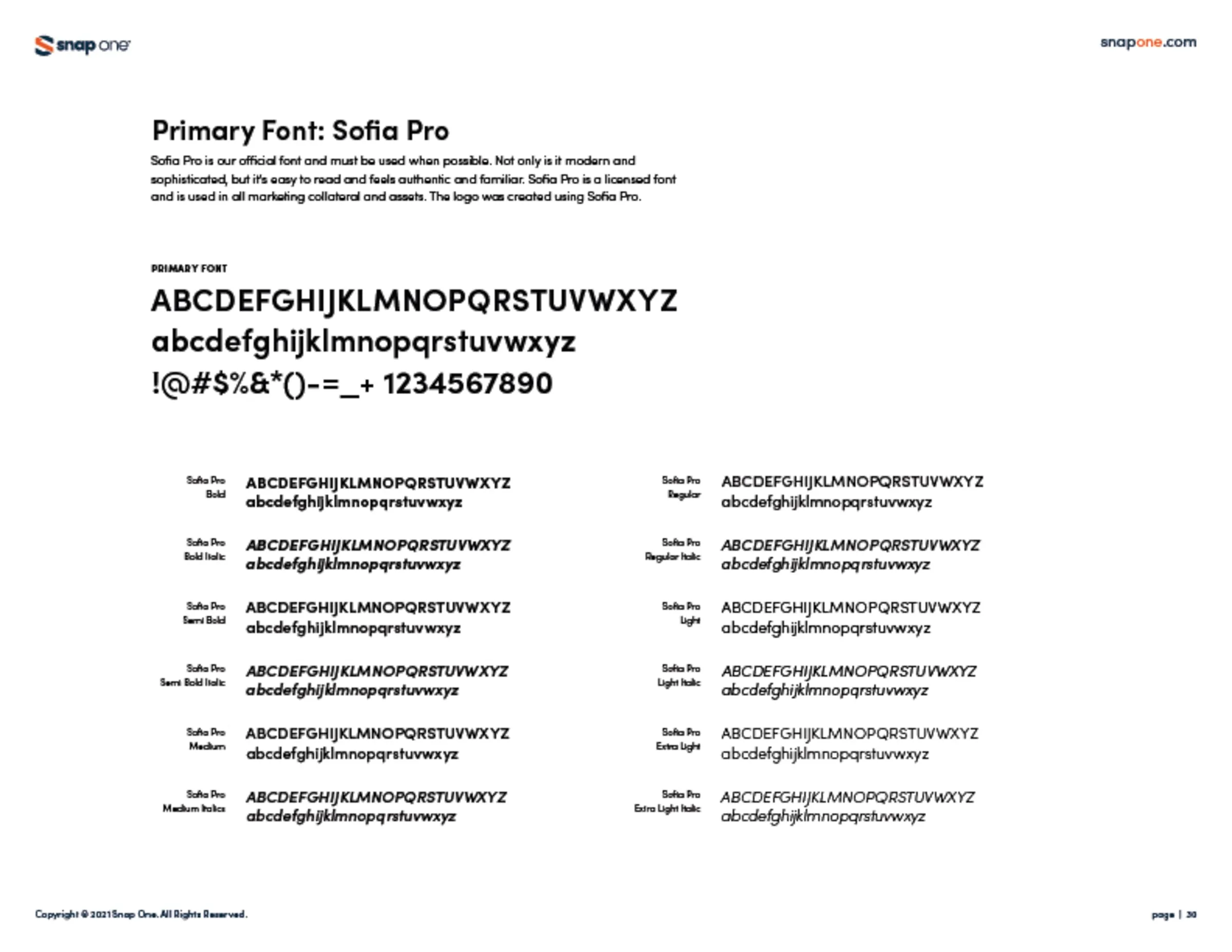 Brand book page for the primary font, Sofia Pro