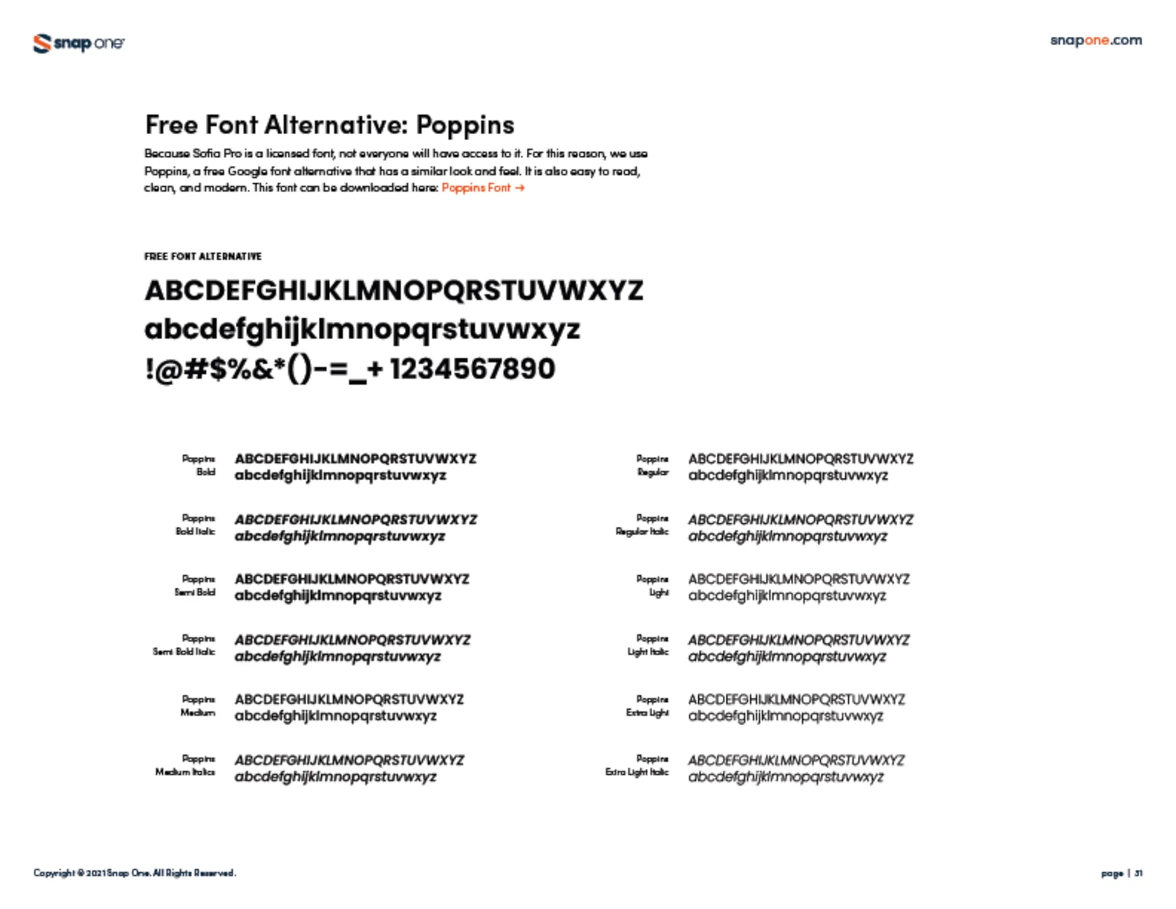 Brand book page for the free alternative font, Poppins