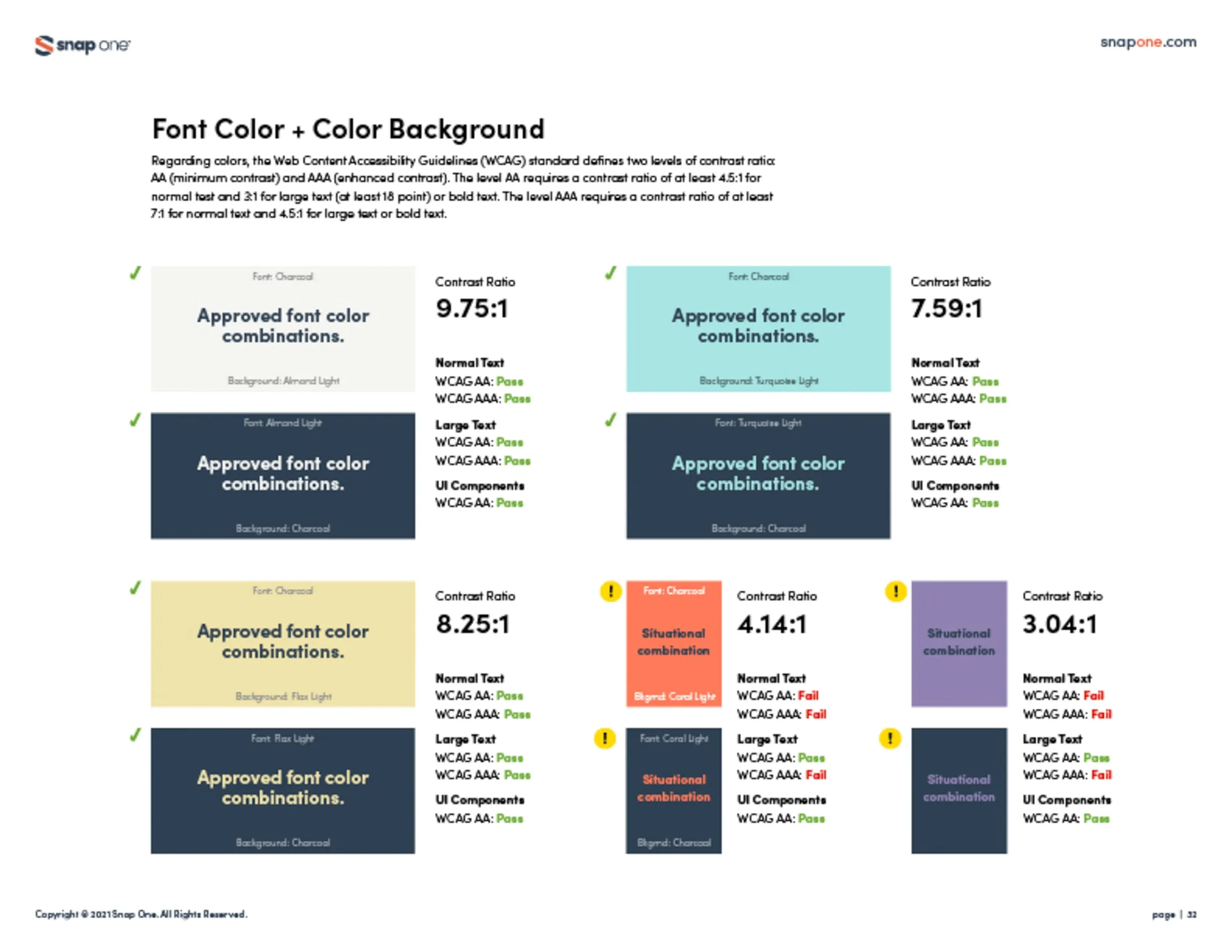 Brand book page showing approved font and background color combinations with contrast ratios