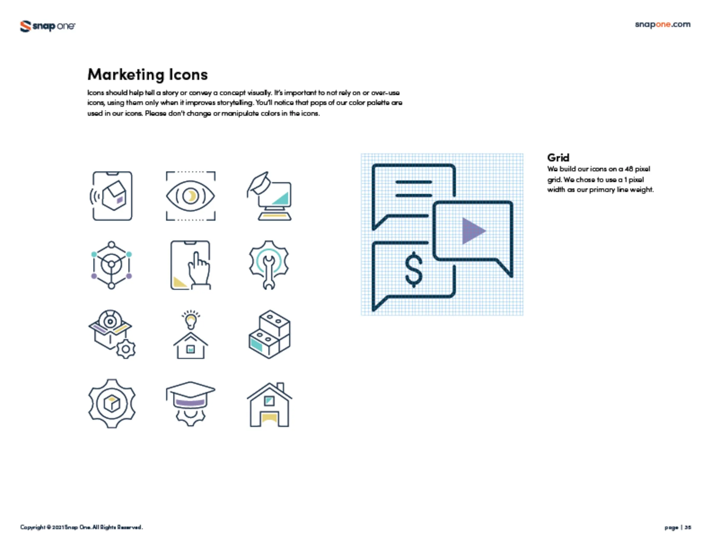 Brand book page of line-style marketing icons
