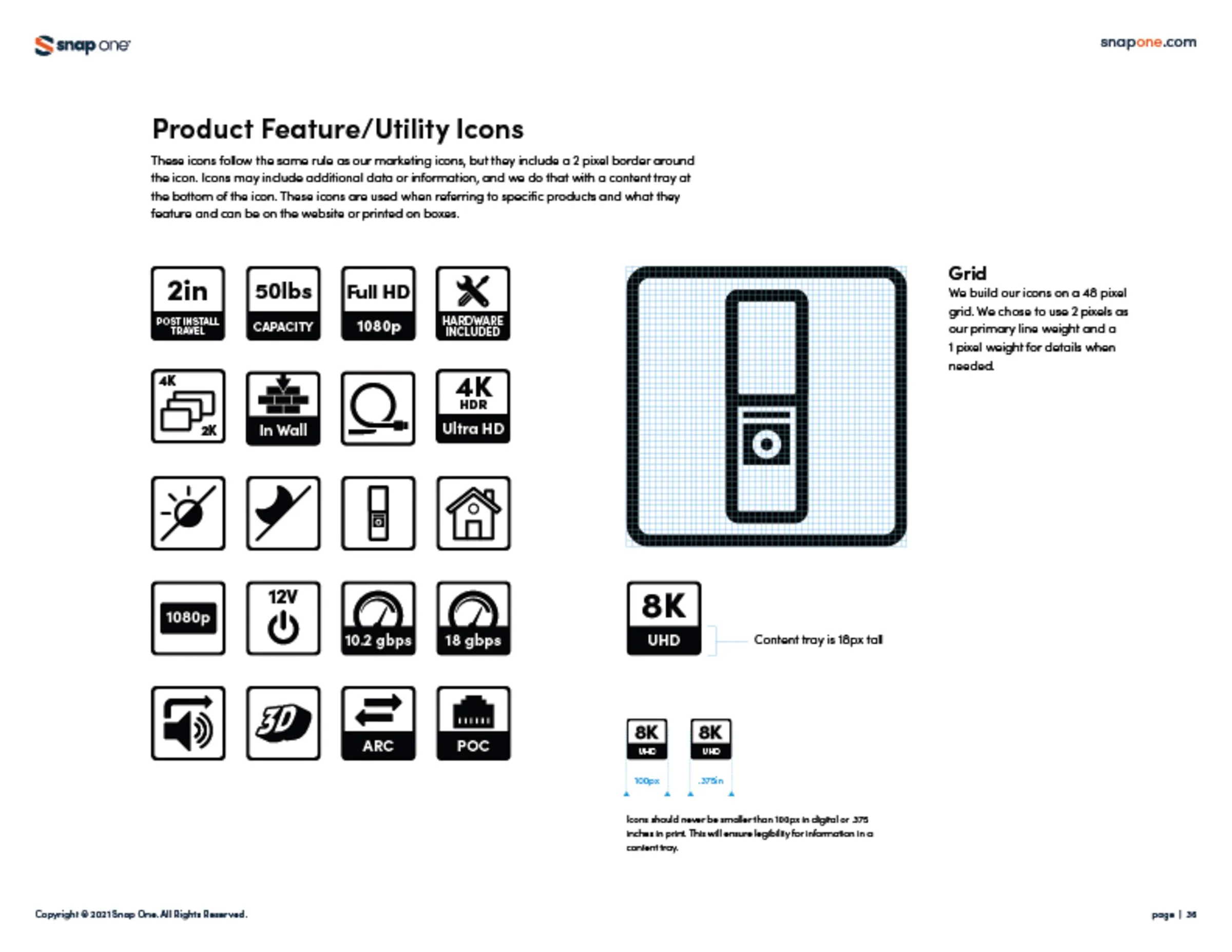 Brand book page of product feature and utility icons