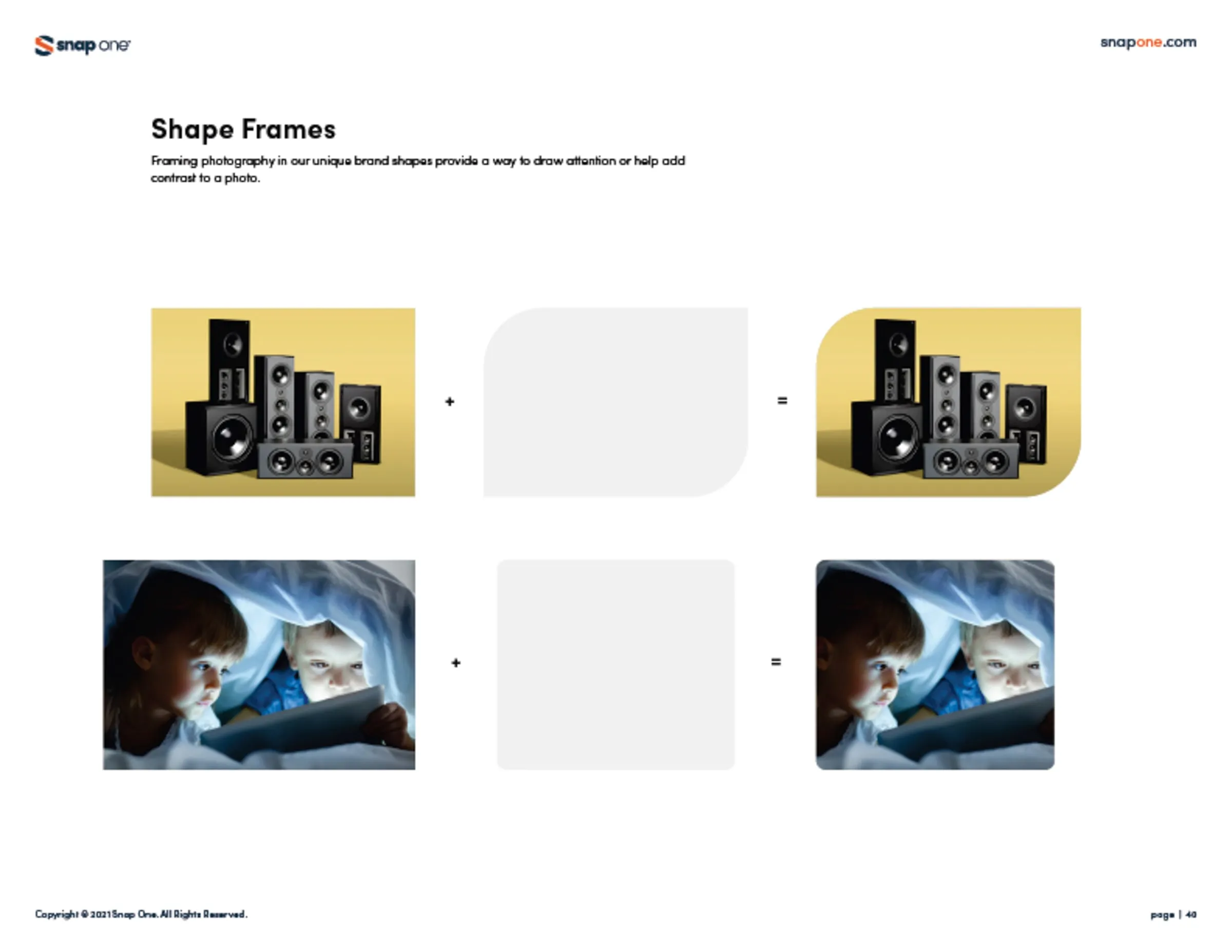 Brand book page showing photos placed in brand shape frames
