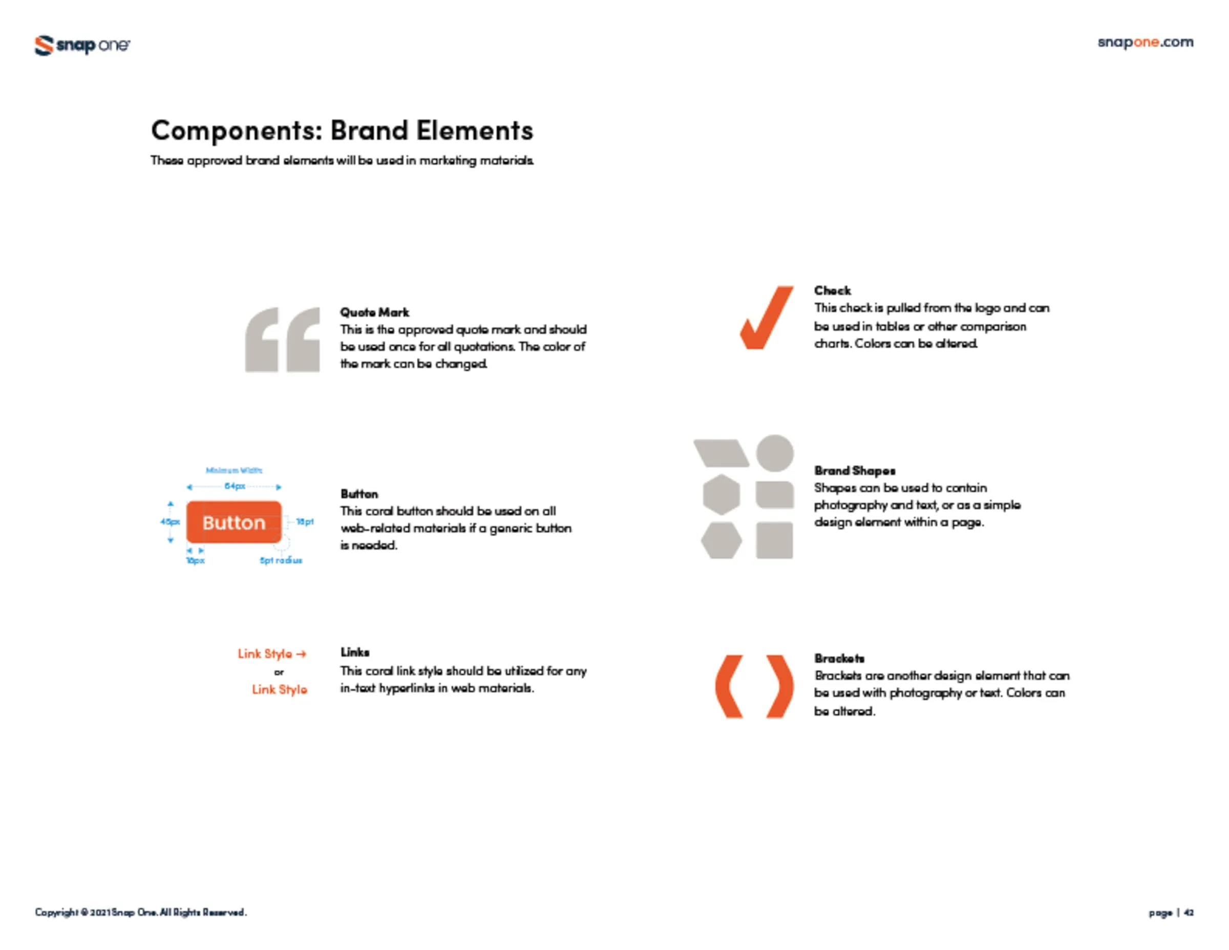 Brand book page of brand elements such as quotes, buttons, and checkmarks