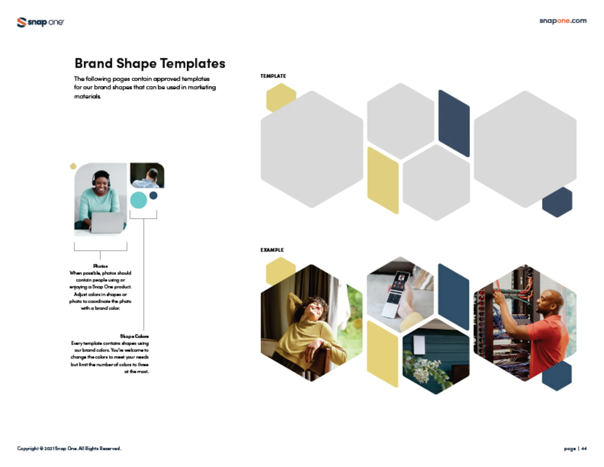 Brand book page of brand shape templates using hexagons and photos