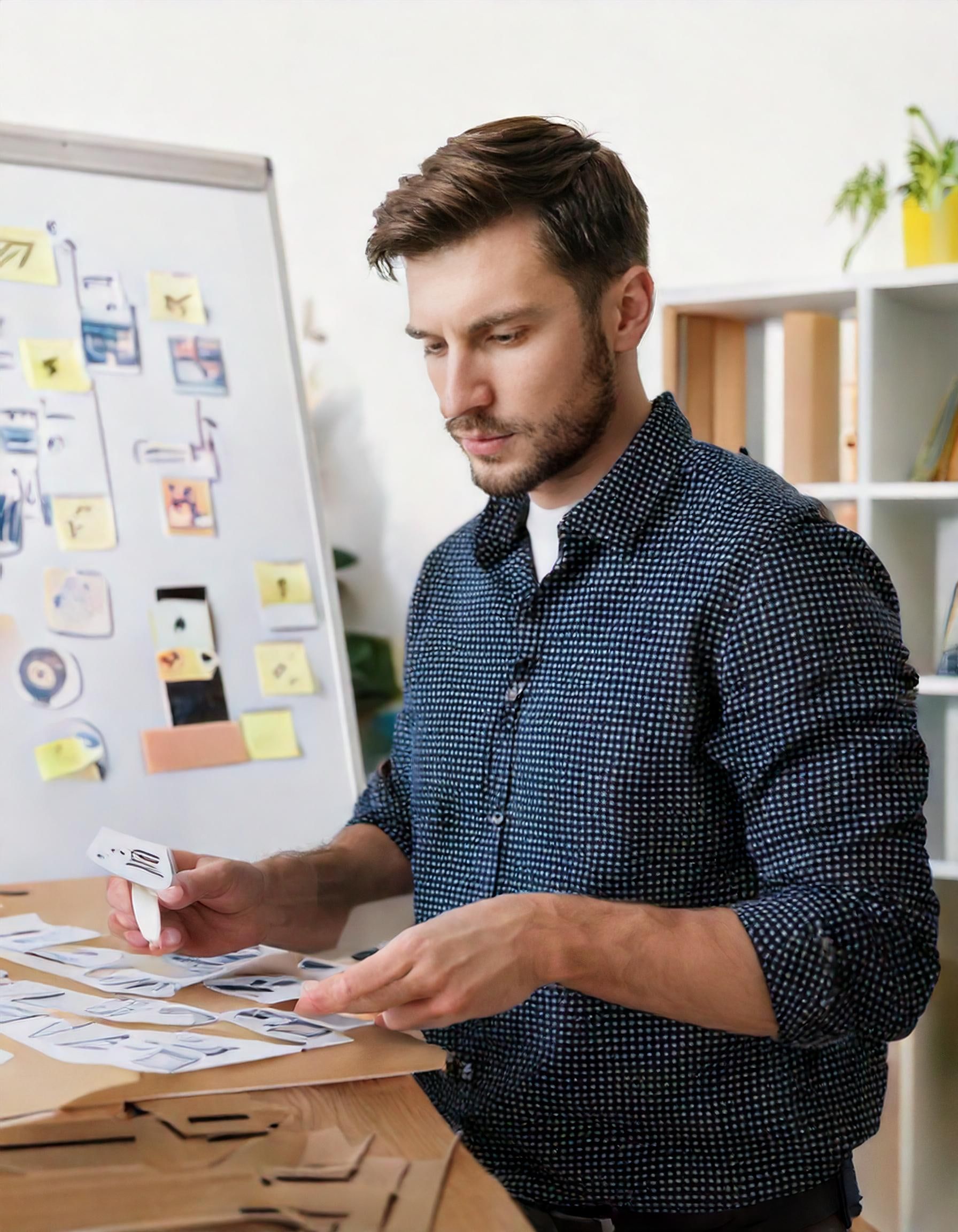 Designer reviewing printed layouts at a desk