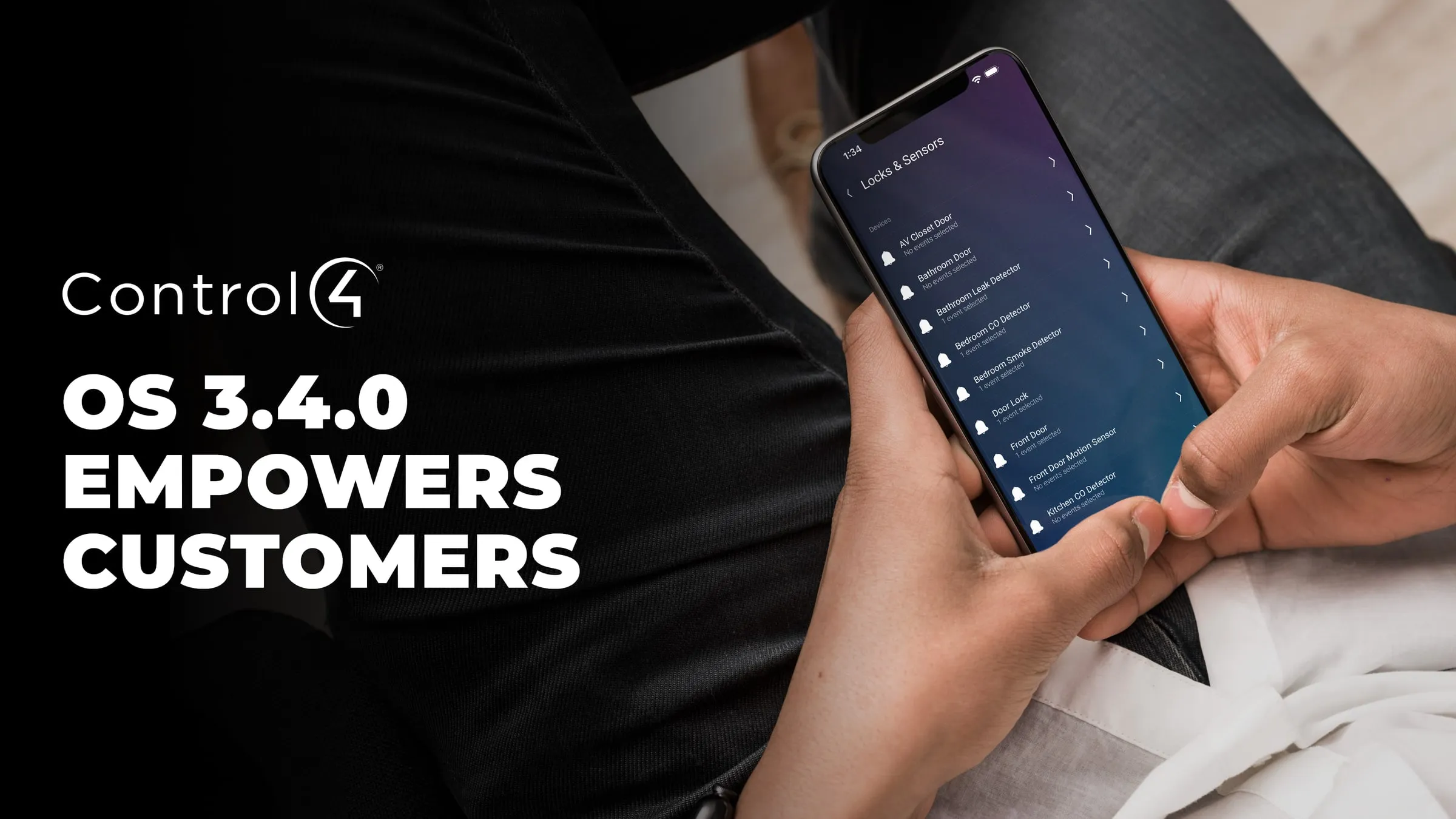 Control4 social post: "OS 3.4.0 empowers customers," with a hand holding a phone (3 of 3)