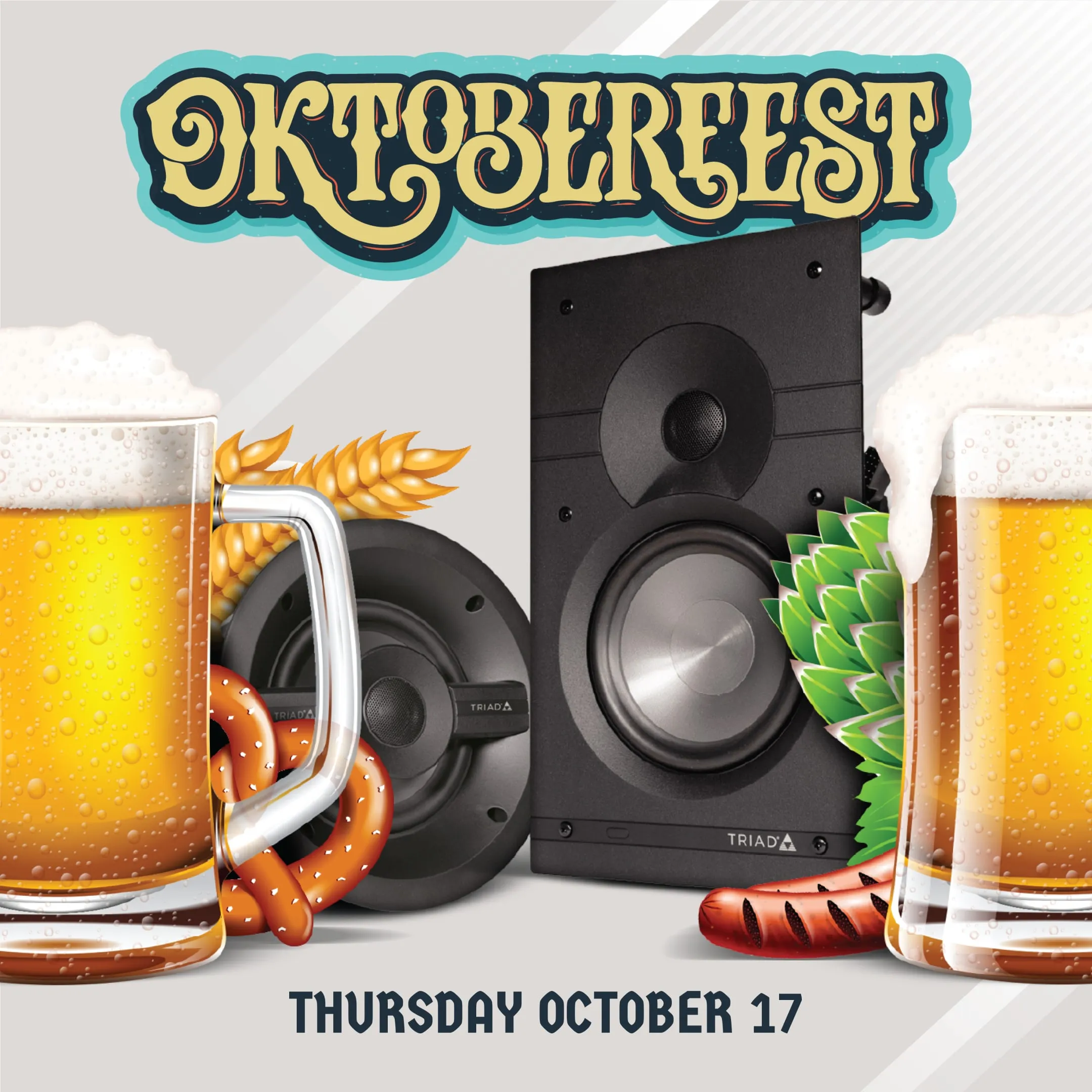 Oktoberfest event social post with speakers and beer steins: "Thursday October 17" (1 of 2)
