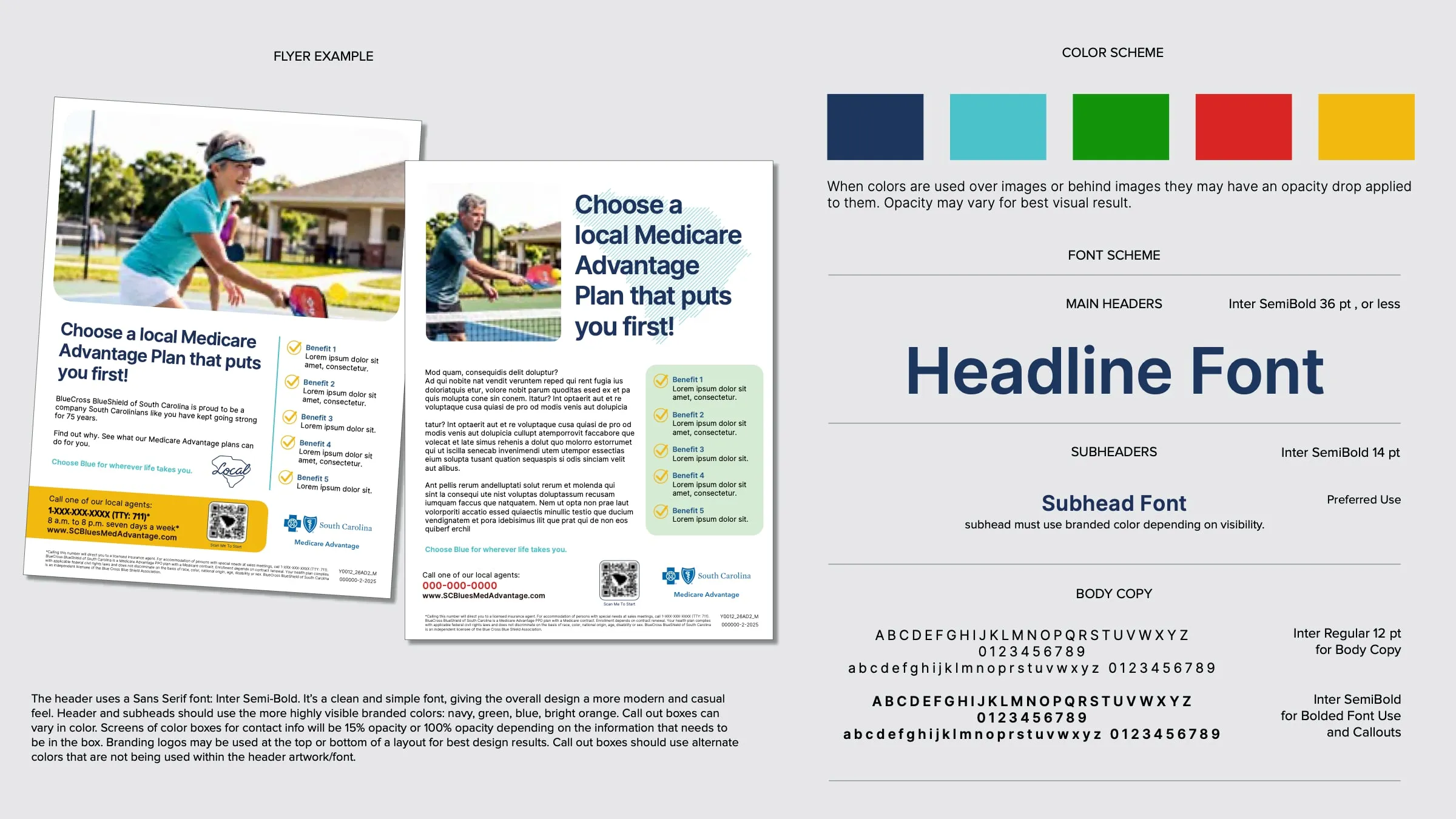 Style board, page 1: two flyer examples with a woman and a man playing pickleball, a five-color palette of navy, teal, green, red, and gold, and the type rules for headlines, subheads, and body copy