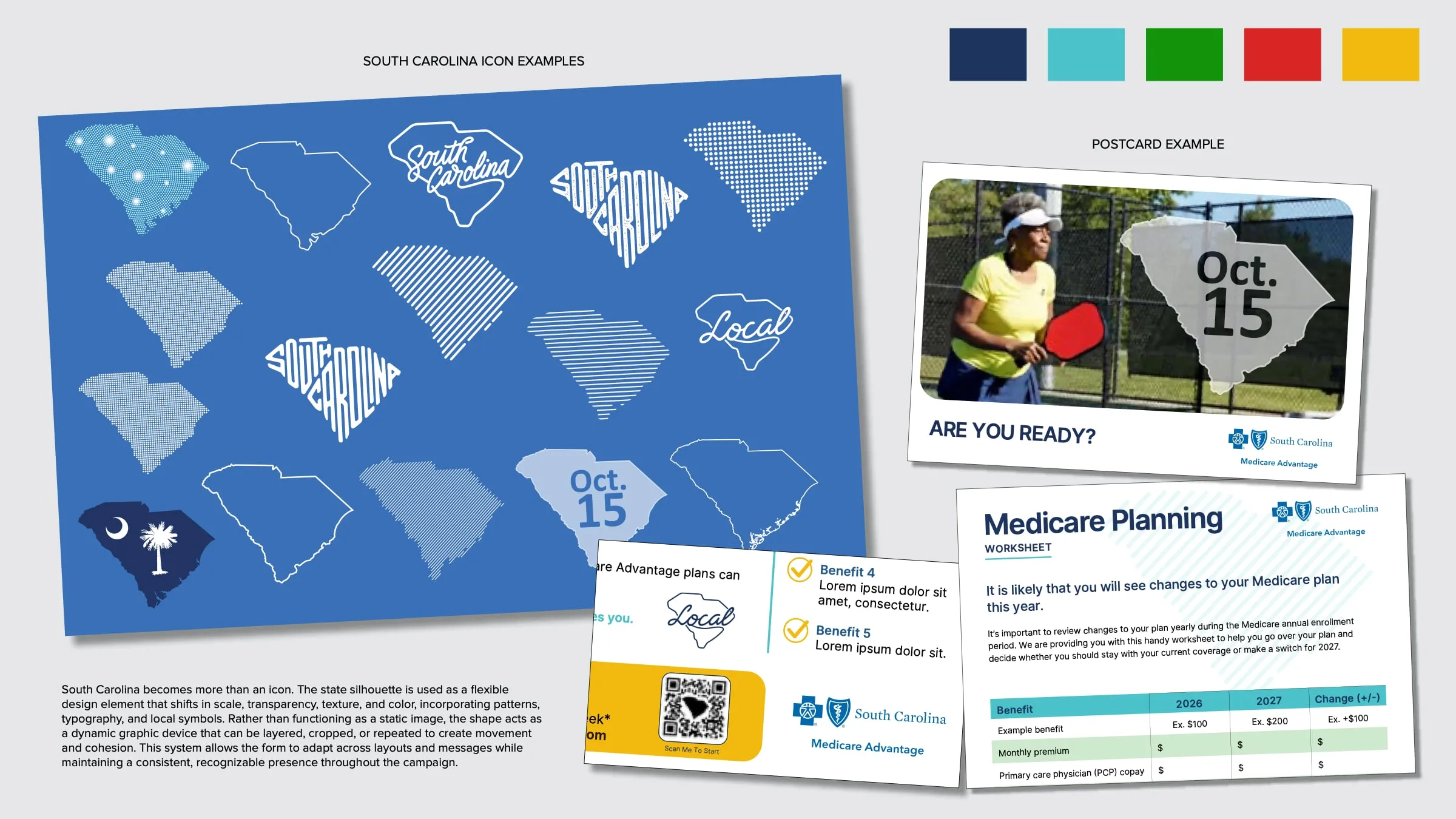 Style board, page 2: a set of South Carolina state icons in different patterns and lettering, beside a postcard with an “Oct. 15” state shape and the planning worksheet