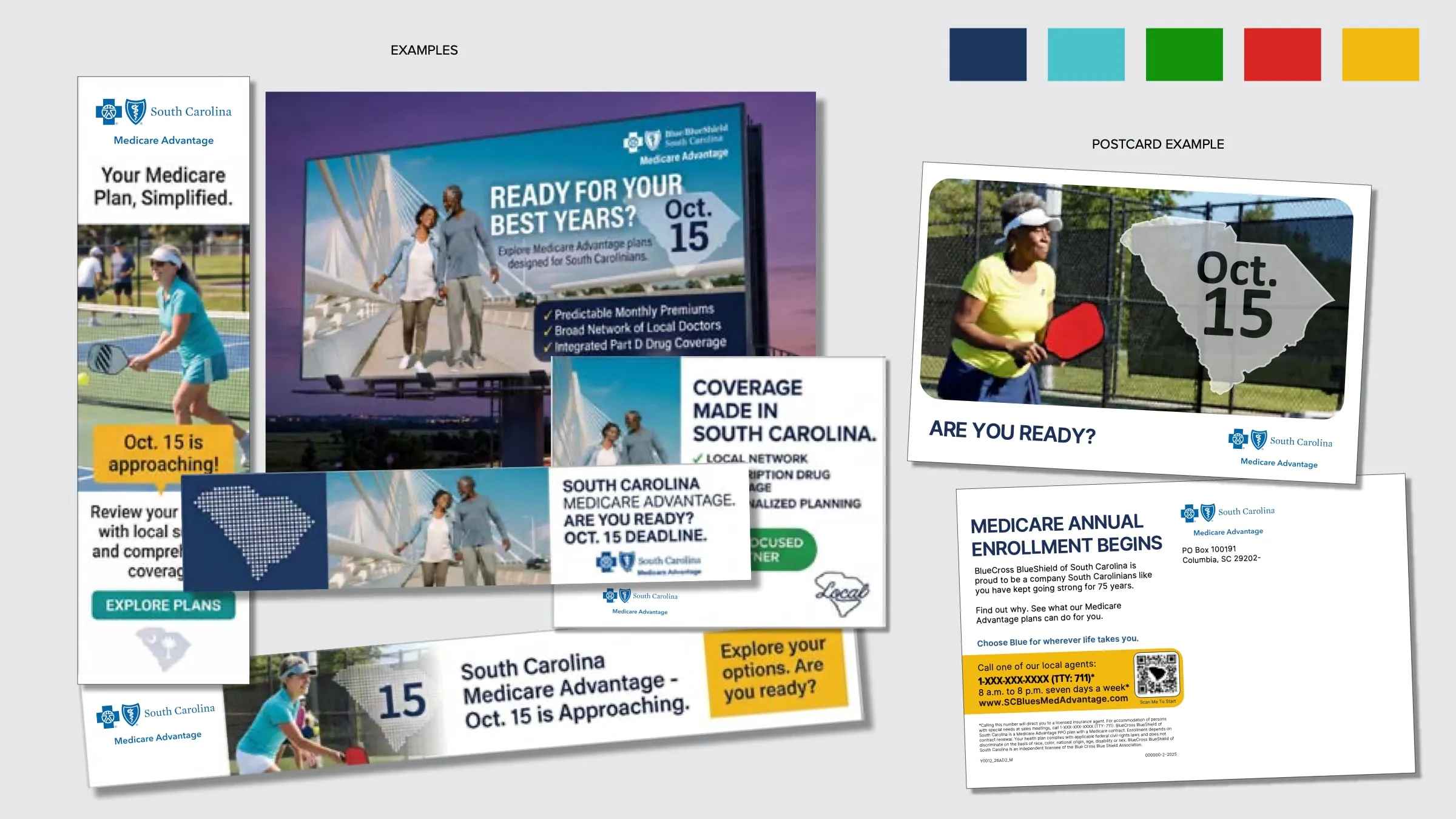 Style board, page 3: the look applied to a digital billboard, a flyer, banners, and a postcard, all with the Oct. 15 message