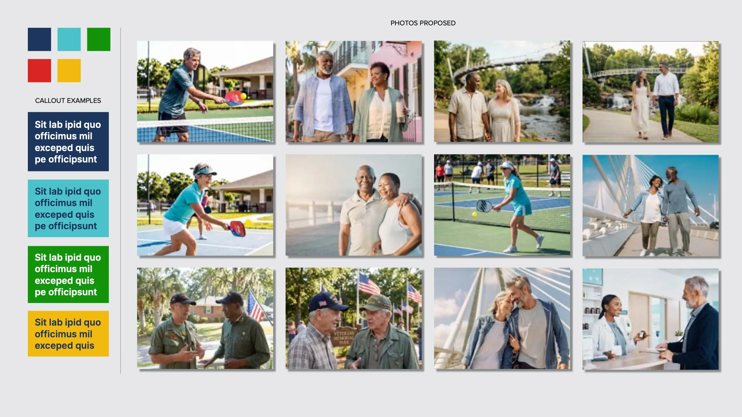 Style board, page 4: twelve proposed photos of older South Carolinians playing pickleball, walking, and talking with friends, beside callout box examples in each campaign color
