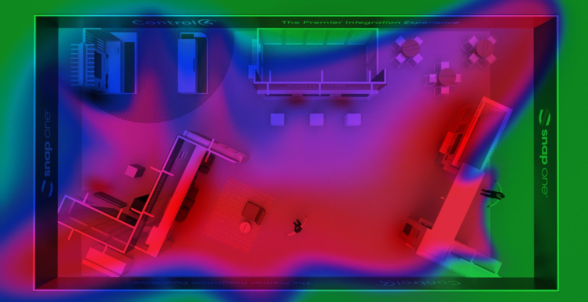 Heat map over a trade show booth floor plan, showing high-traffic areas in red