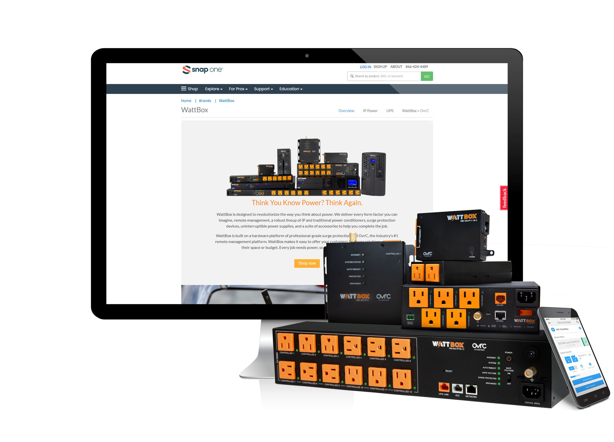 WattBox brand page on a monitor with WattBox power products and a phone app