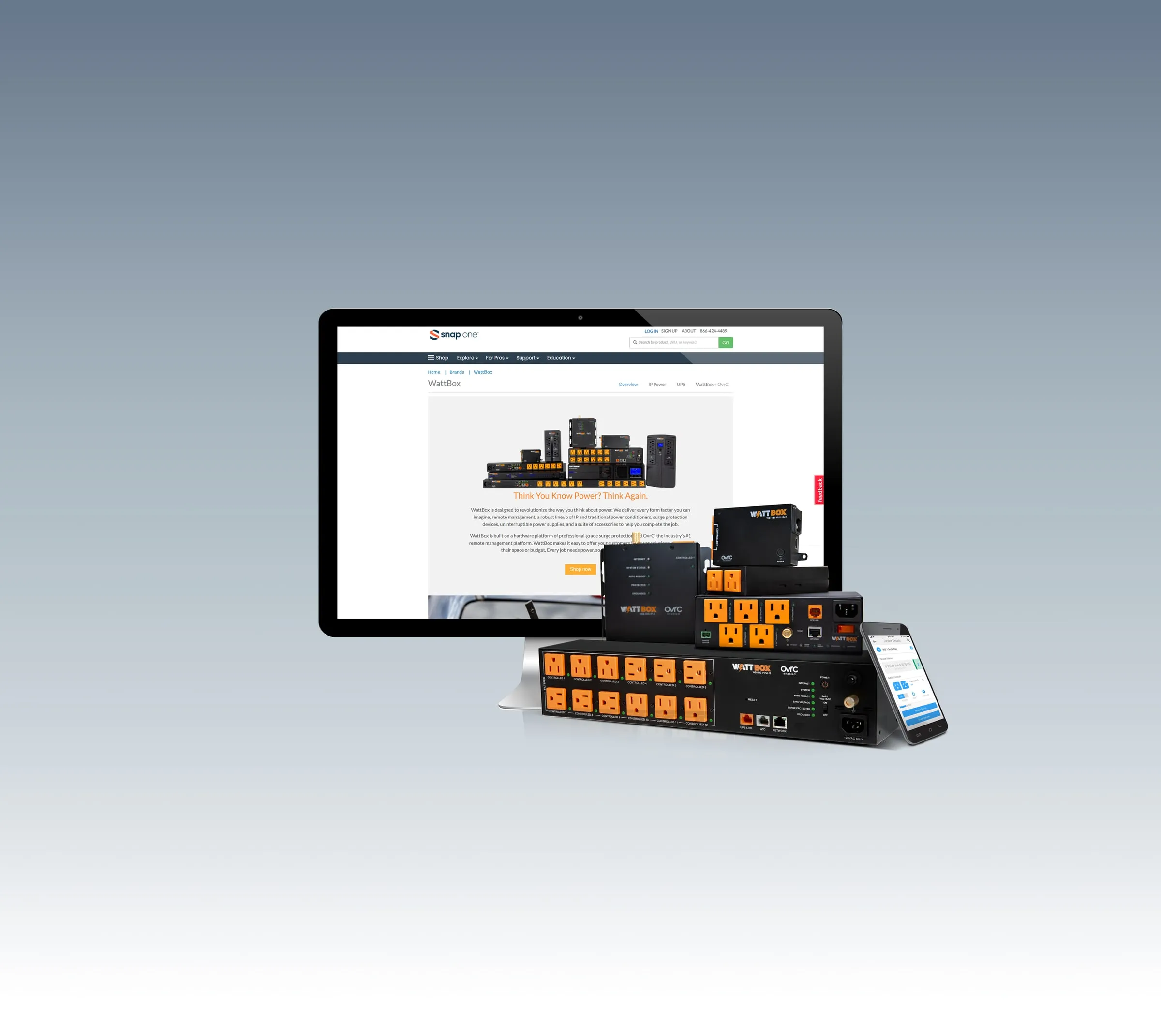 WattBox brand page on a monitor with products, light background